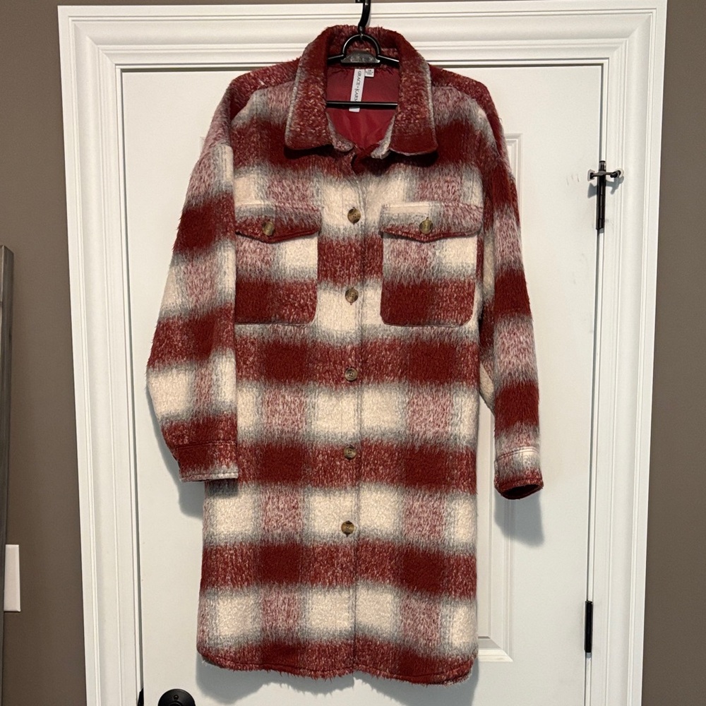 Plaid Burgundy and Cream Women's Coat